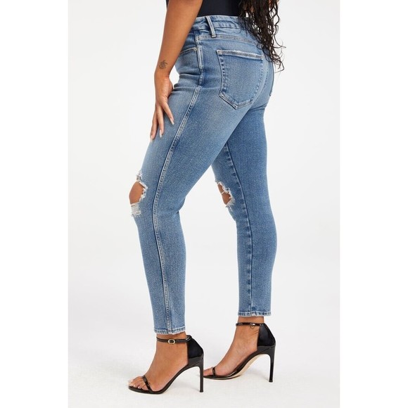 Good American Good Curve Skinny Crop Denim Jeans Blue High Waist Distressed New - Picture 7 of 9